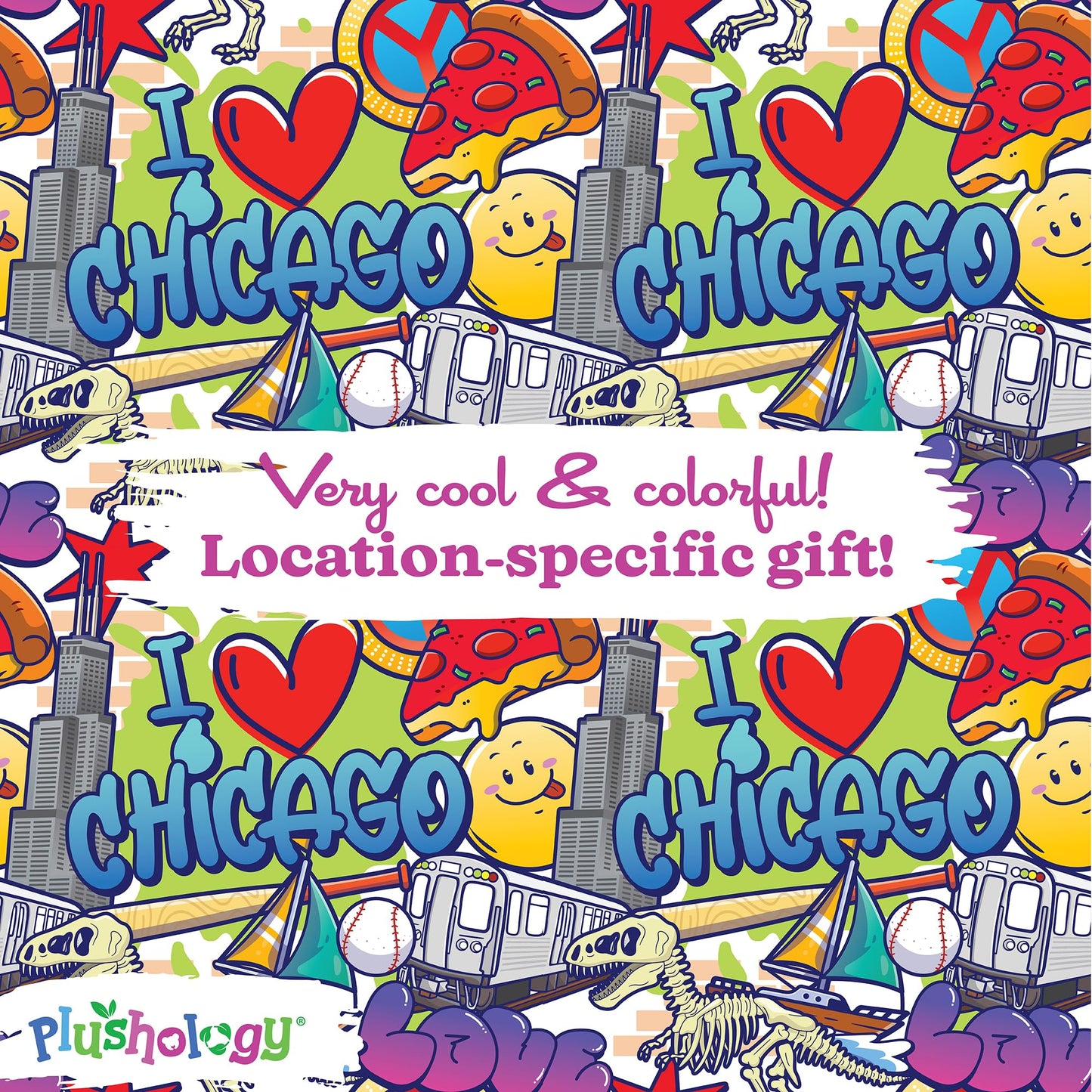PLUSHOLOGY I Love Chicago Graffiti Teddy Bear Eco Friendly Stuffed Animal; Cuddly Soft Velboa Plush Animal for Kids 3 Years Old to mature-themeds; Child-Safe Embroidered Face Details (10 Tall When Seated)
