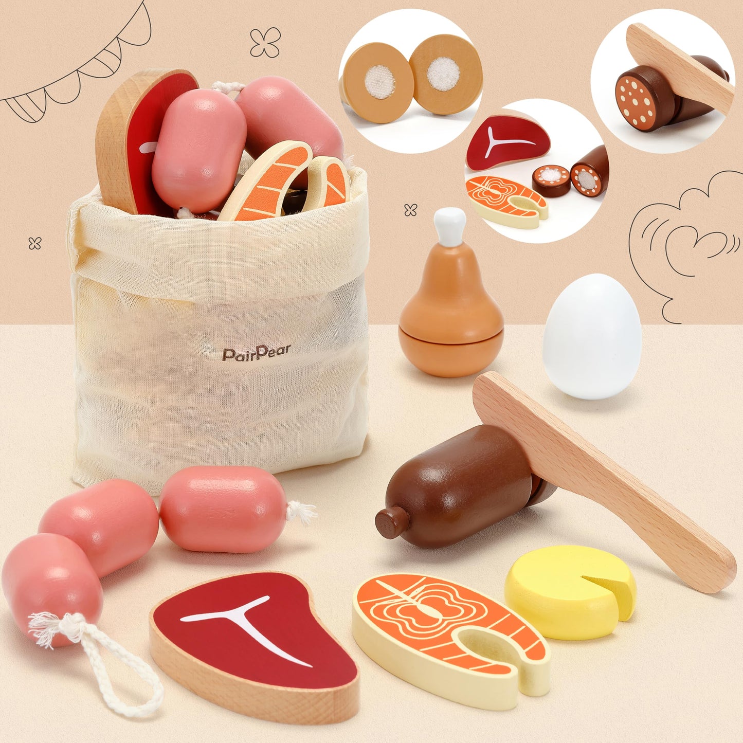 Pairpear Wooden Toys Play Food Sets For Kids Kitchen, Kids Toy Food Cutting Meat Set For Toddlers 3+ Years Old, Pretend Food Pla