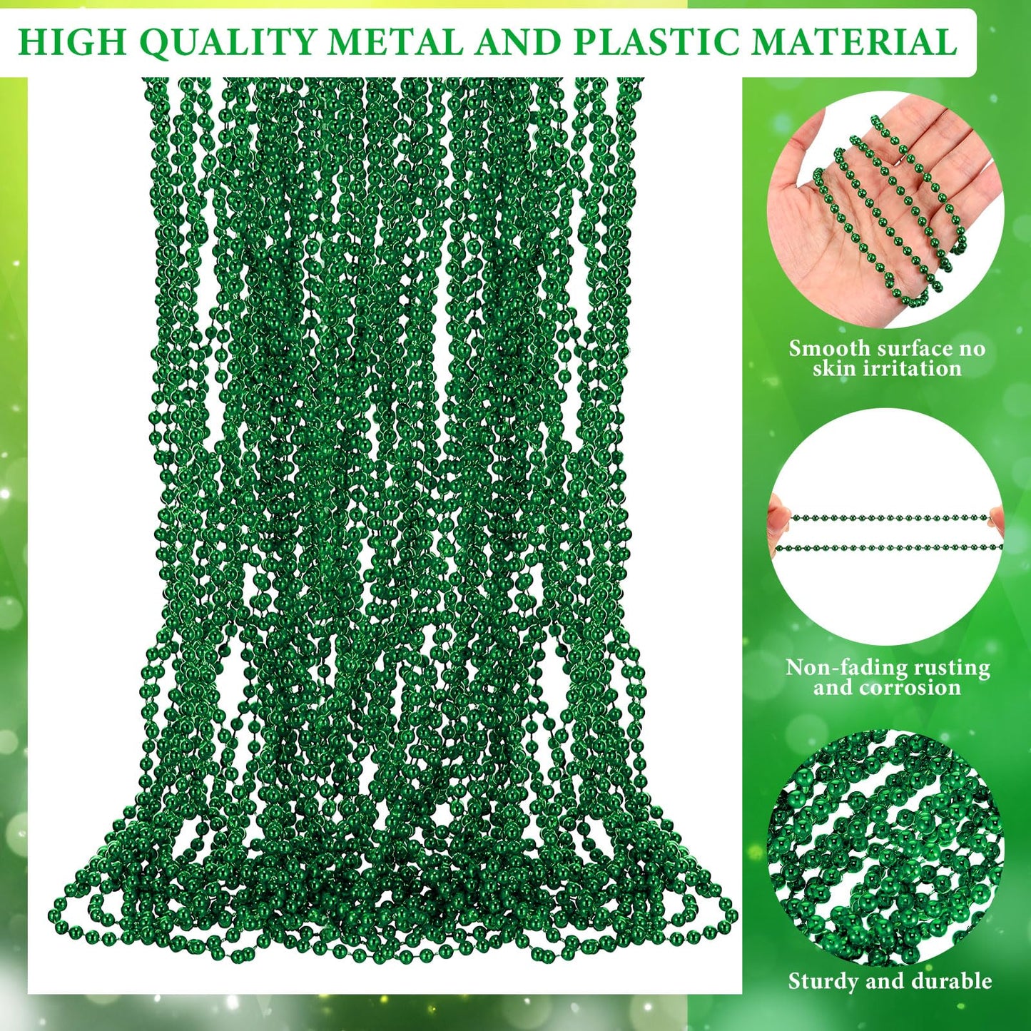 Tigeen 100 Pcs Mardi Gras Beads Necklaces Bulk 30'' Metallic Beaded Necklace for Carnival Madi Gras Parade School Spirit Wear(Gr