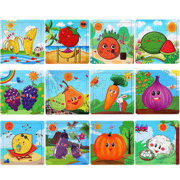 Sannix 12 Pack Wooden Jigsaw Puzzles For Toddlers 3 4 5 Years Old, Party Favors Animals Jigsaw For Kids, Transportation Educational Puzzles Travel Toy With 12 Organize Bags