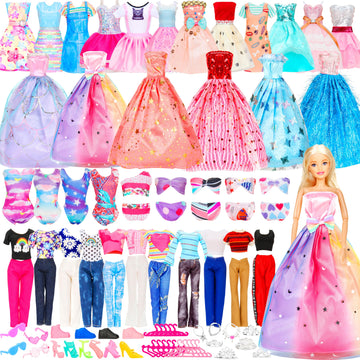 93 Pcs Doll Clothes And Accessories With Doll, Wedding Gown Dresses, Tops And Pants, Fashion Dresses, Swimming Suits, Shoe, Hangers,Doll Dress Up Toys For Girls In Gifts Package