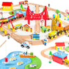 110Pcs Montessori Wooden Train Set - Urban Journey, City Scene Railway Set With Magnetic Trains, Cars, Helicopter & Ship, Perfec