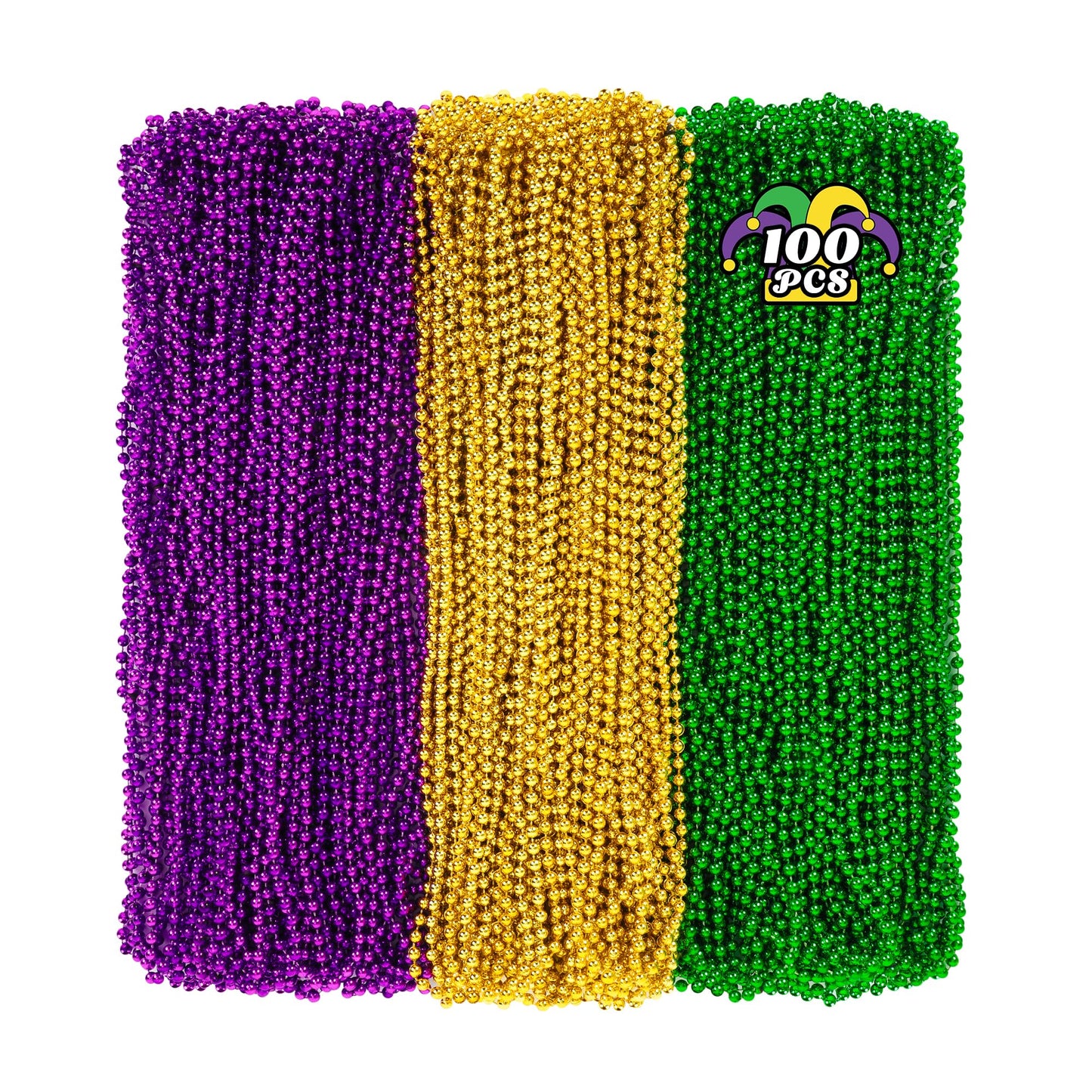 100 Pcs Mardi Gras Beads, 33'' Mardi Gras Beads Necklaces Bulk, Round Purple Gold Green Beads Bulk, Parade Throw Accessories Set