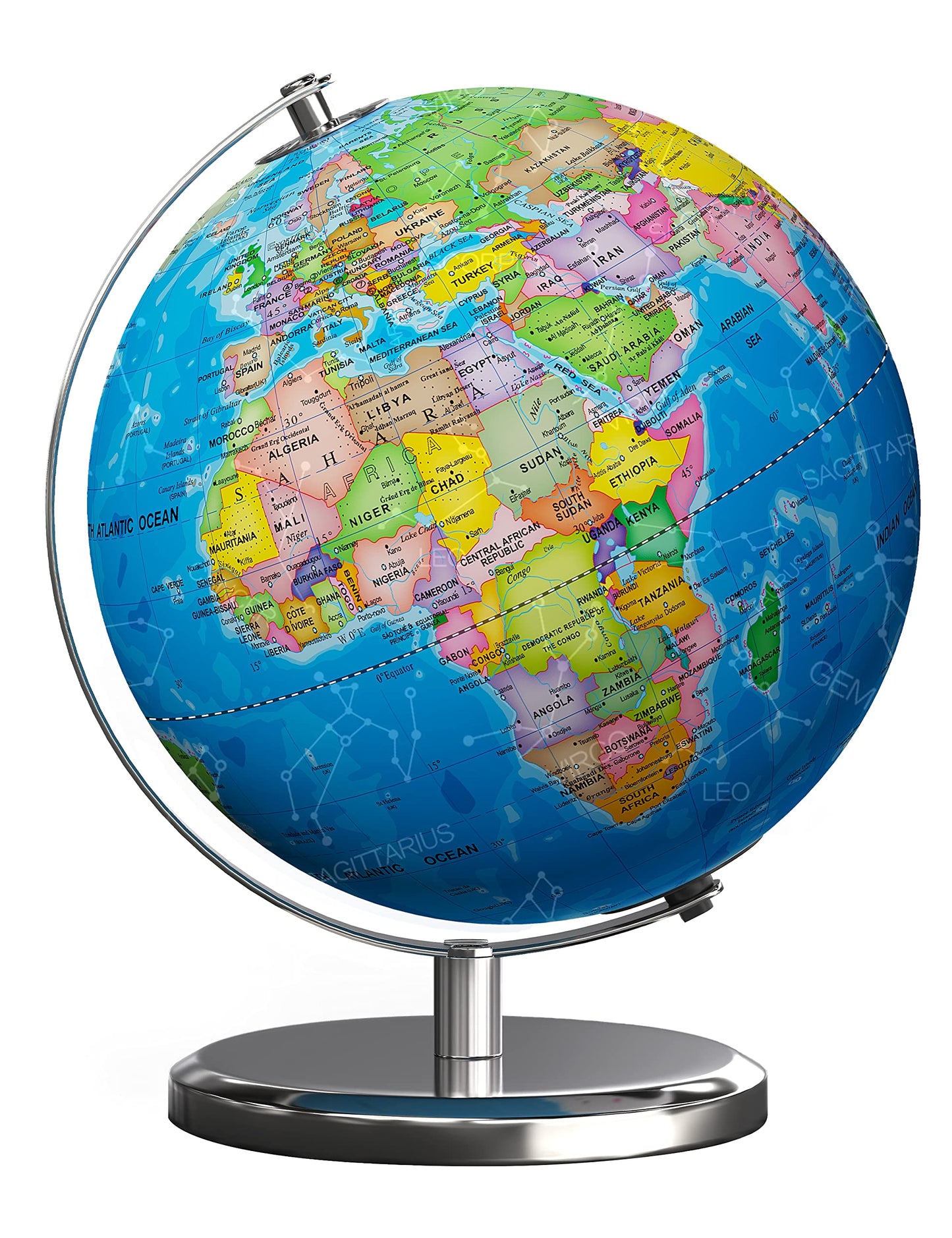 Waldauge 9'' Illuminated World Globe With Stand, Earth Globes With Stable Heavy Metal Base For Kids Classroom Learning, Led Cons