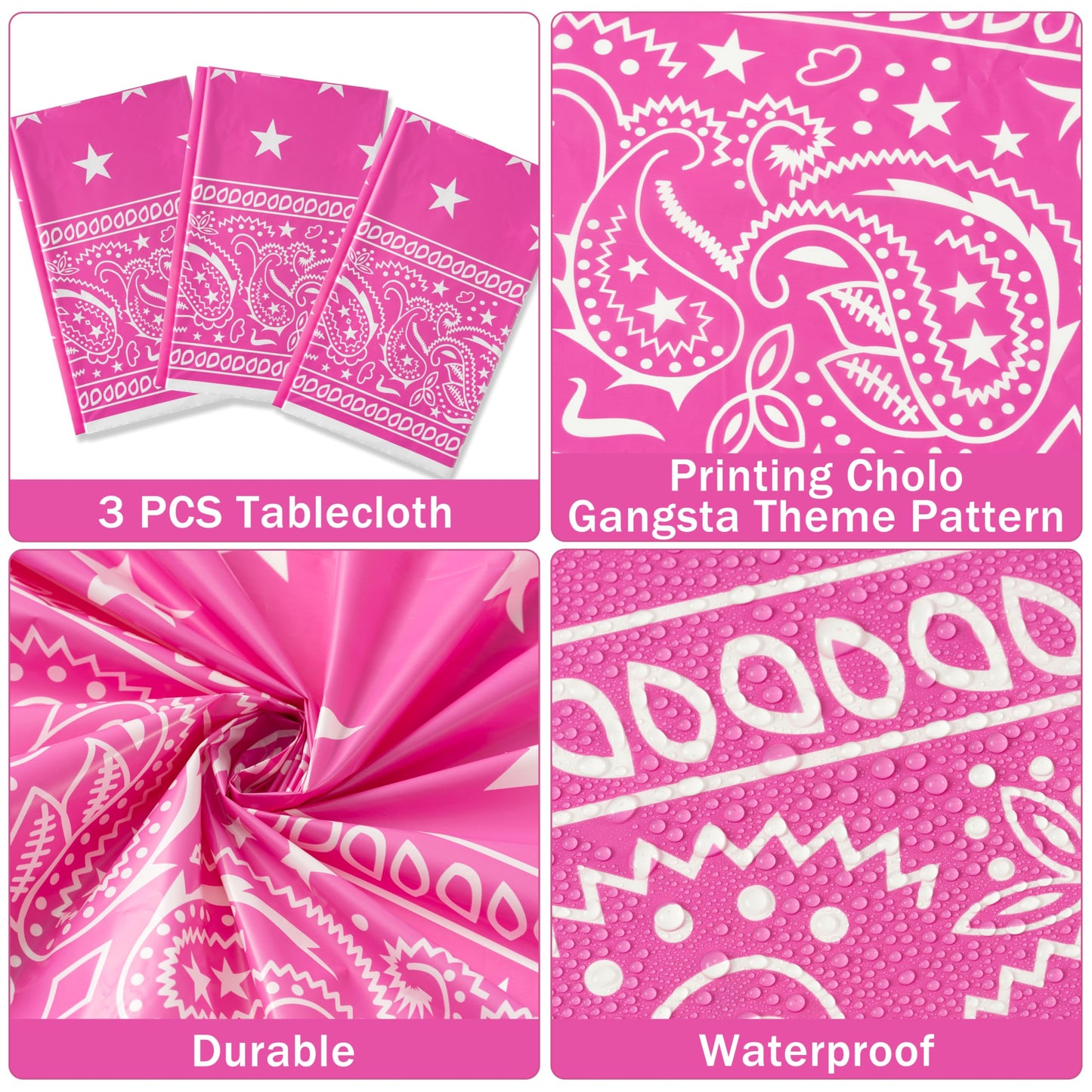 K1Tpde Pink Bandana Plastic 3Pcs Tablecloths, 87X51 Inches/ 9.8X7.2 Feet, Western Party & Cholo Theme Decorations, Pleated Corner Style, All-Season