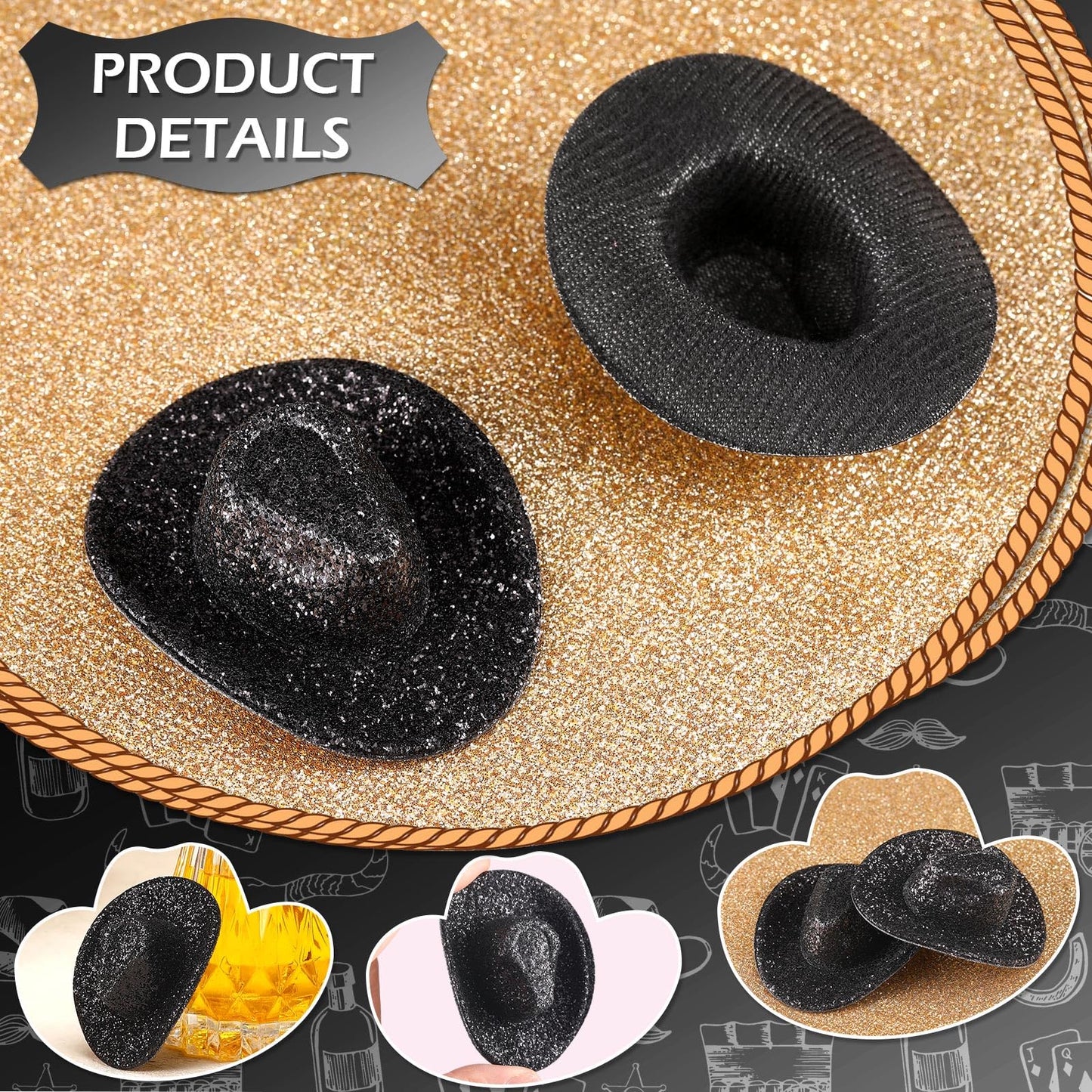 Sotiff Mini Western Cowboy Cowgirl Hat Small Disco Hat Cute Miniature Cap For Party Drinks Cupcake Toppers(Black)