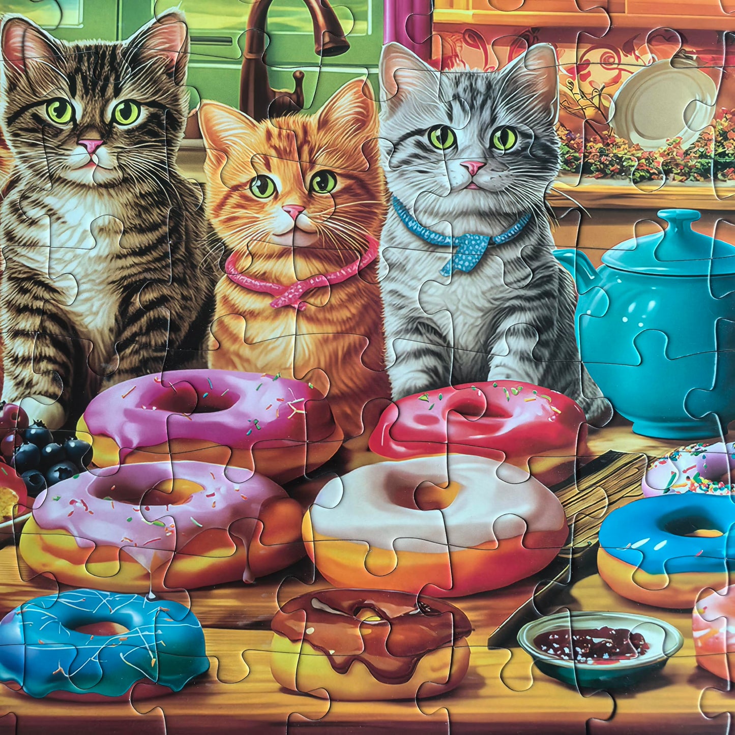 Extra Large Pieces Jigsaw Puzzles For Adults - 100 Piece Puzzles For Kids Ages 8-10 10-12 - Large Piece Puzzles For Seniors - Kitchen Kittens And Donuts