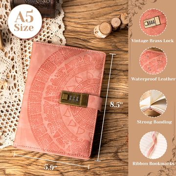 CAGIE Diary with Lock for Women Girls 256 Pages Leather Password Journal with Lock A5 Locking Journal for Writing Note Taking wi
