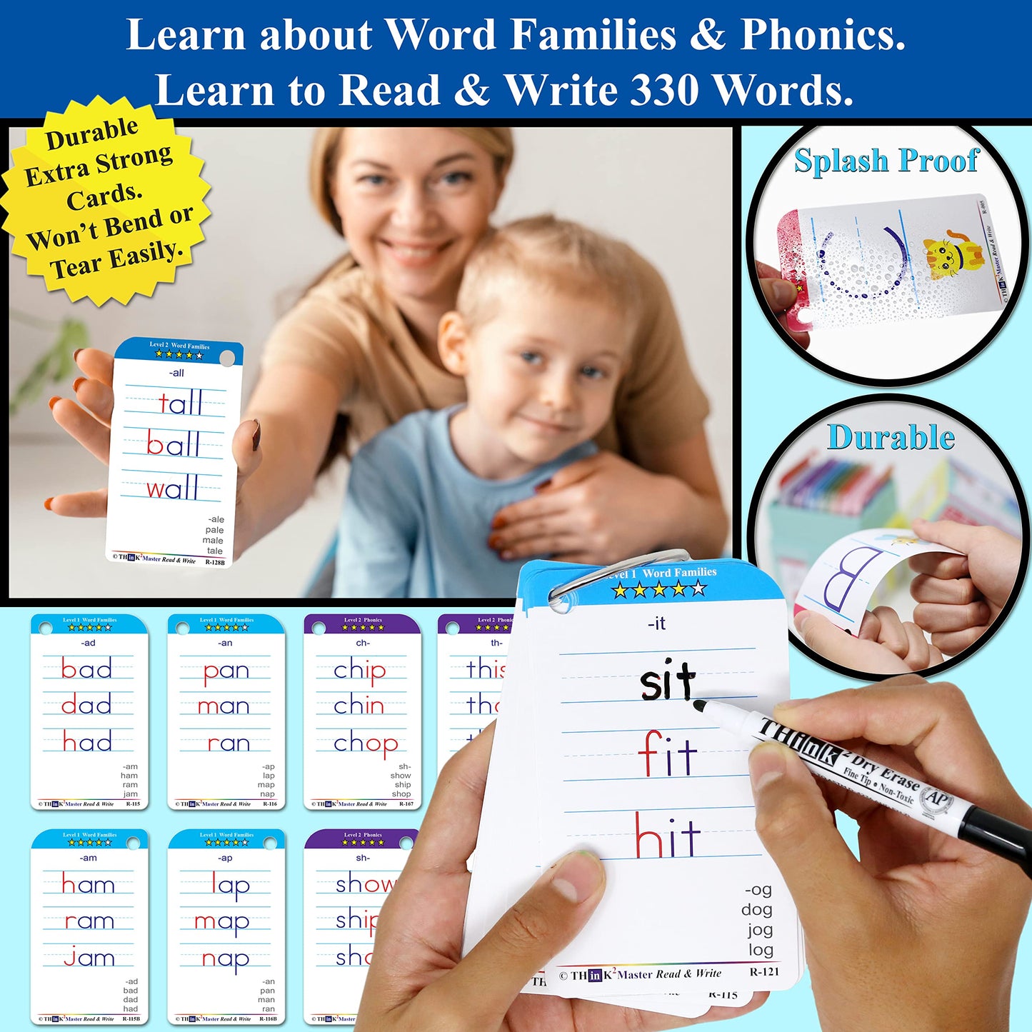 THINK2MASTER Premium Laminated Alphabet & Sight Words Flash Cards, PreK & Kindergarten, Multicolor, Model Read-001, Includes Dry Erase Markers