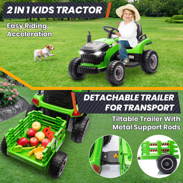 24V 7Ah Ride On Tractor W/Tiltable & Detachable Trailer, Anrli Kids Electric Vehicles Tractor W/400W Motors, Adjustable Seat, Re