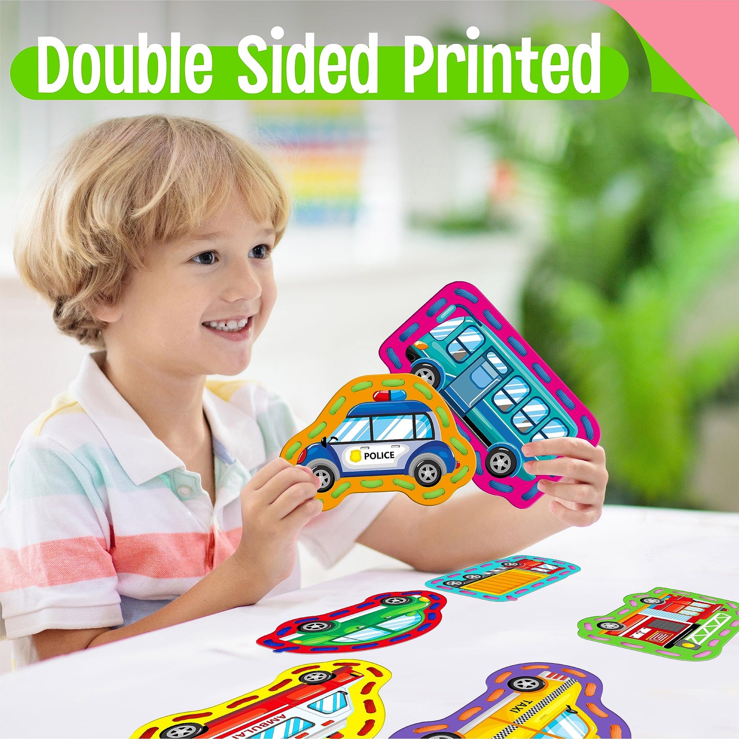 9 Pieces Kids Lacing Cards, Double Sided Sewing Cards In 9 Vehicle Cards With 9 Colorful Laces, Imagination Development Lacing Toys Games For Children Educational And Learning Activity