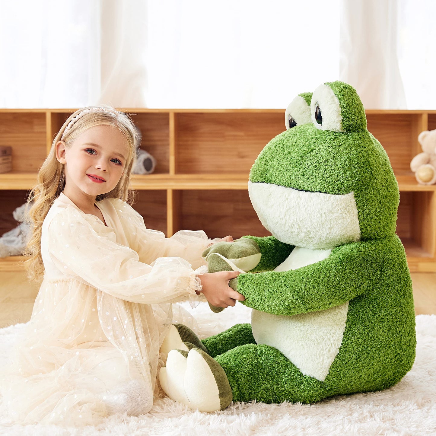 EARTHSOUND Giant Frog Plush Toy - 30" Soft Green Jumbo Stuffed Animal for Kids, Polyester Material, Model 2236532