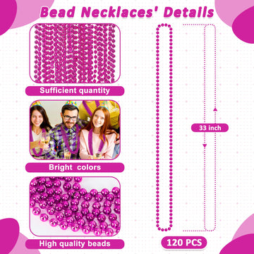 120PCS Mardi Gras Beads, 33 IN Bead Necklace, Rosered Mardi Gras Accessories, Party Costume Beads Parade Throws Bulk for Christm