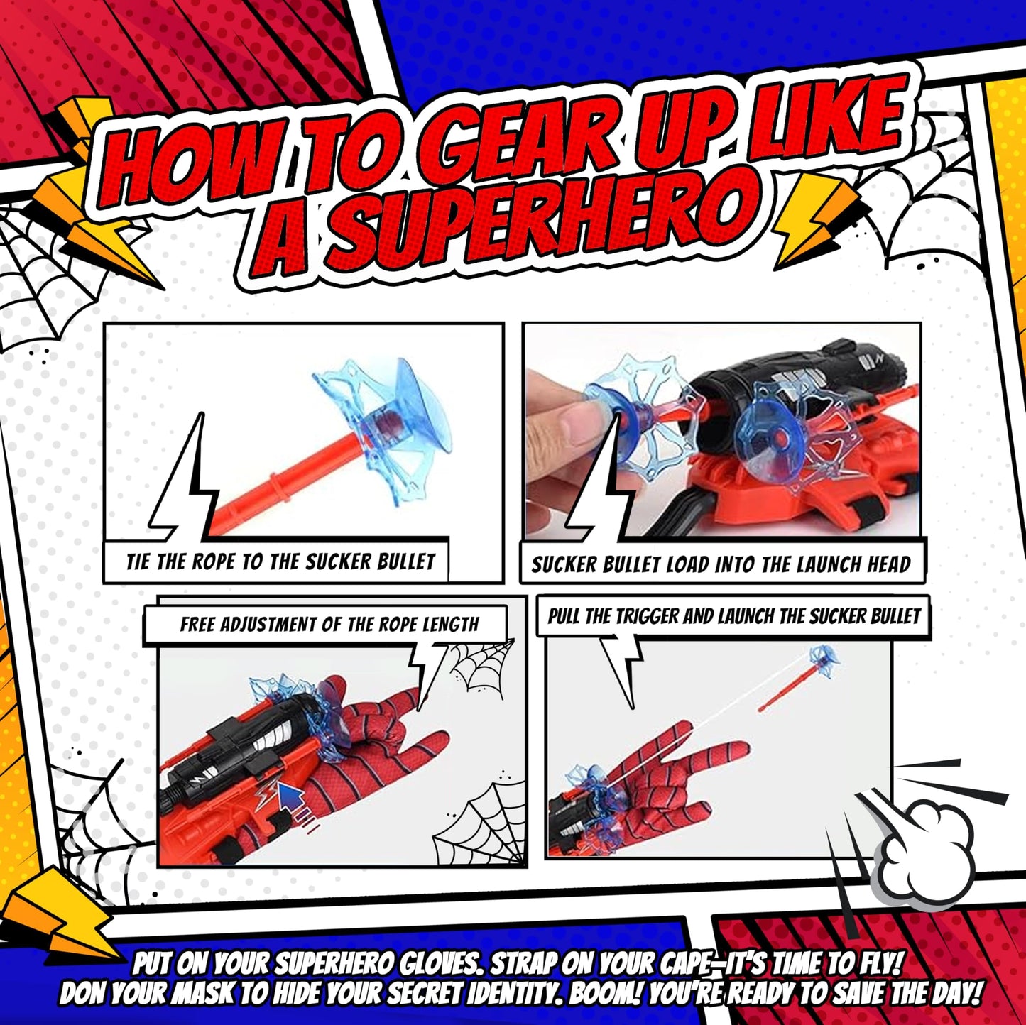 Capexia Superhero Web-Slinging Toy Set - 2 Web Shooters, 2 Masks, Gloves & Cape, Red/Blue/Black, Ages 3+, Indoor/Outdoor Role-