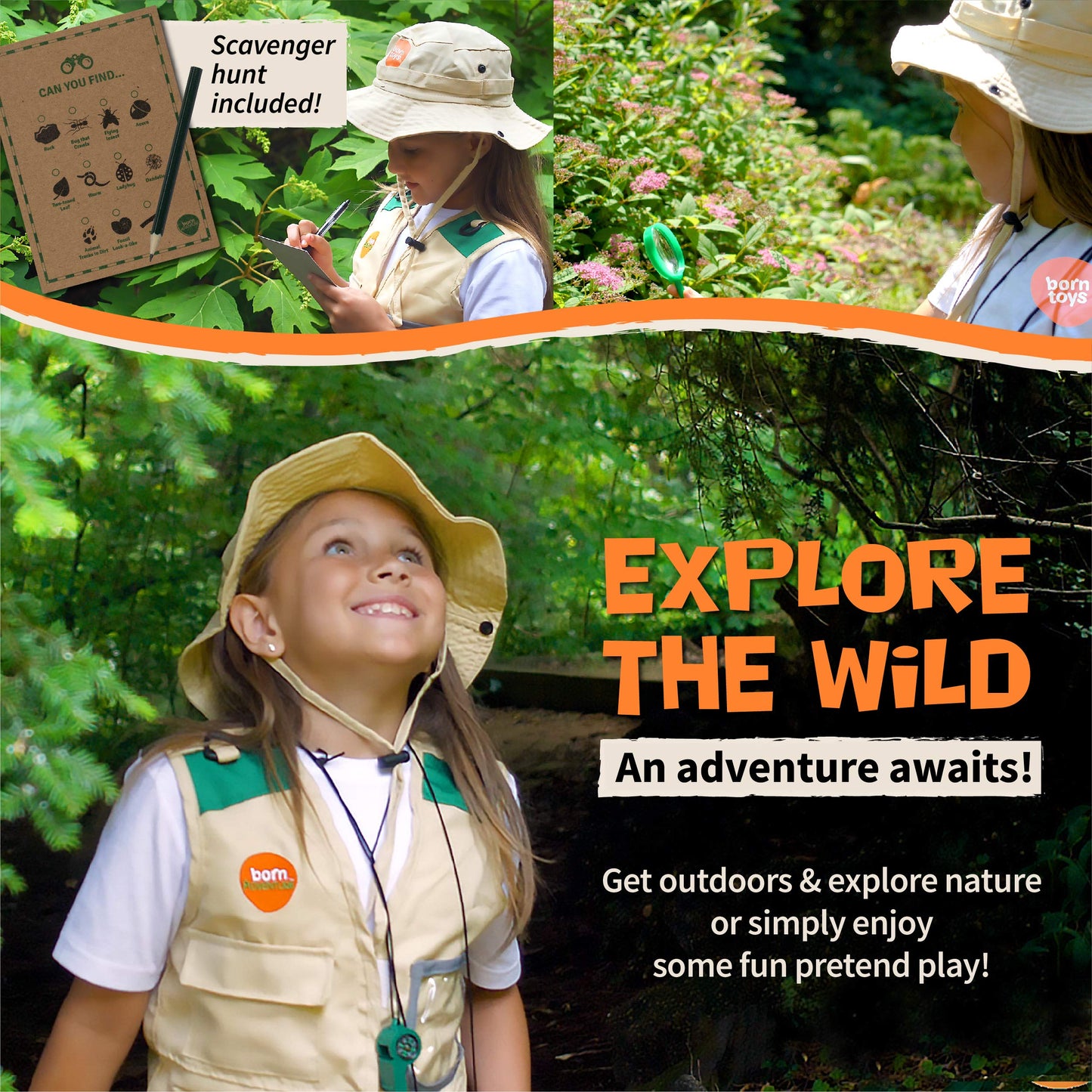 Born Toys Premium Outdoor Explorer Kit For Kids For Dress Up & Pretend Play Costumes For Boys & Girls 3-7 W/ Washable Kids Safari Vest Safari Hat And Binoculars- Outdoor Explorer Set & Scavenger Hunt