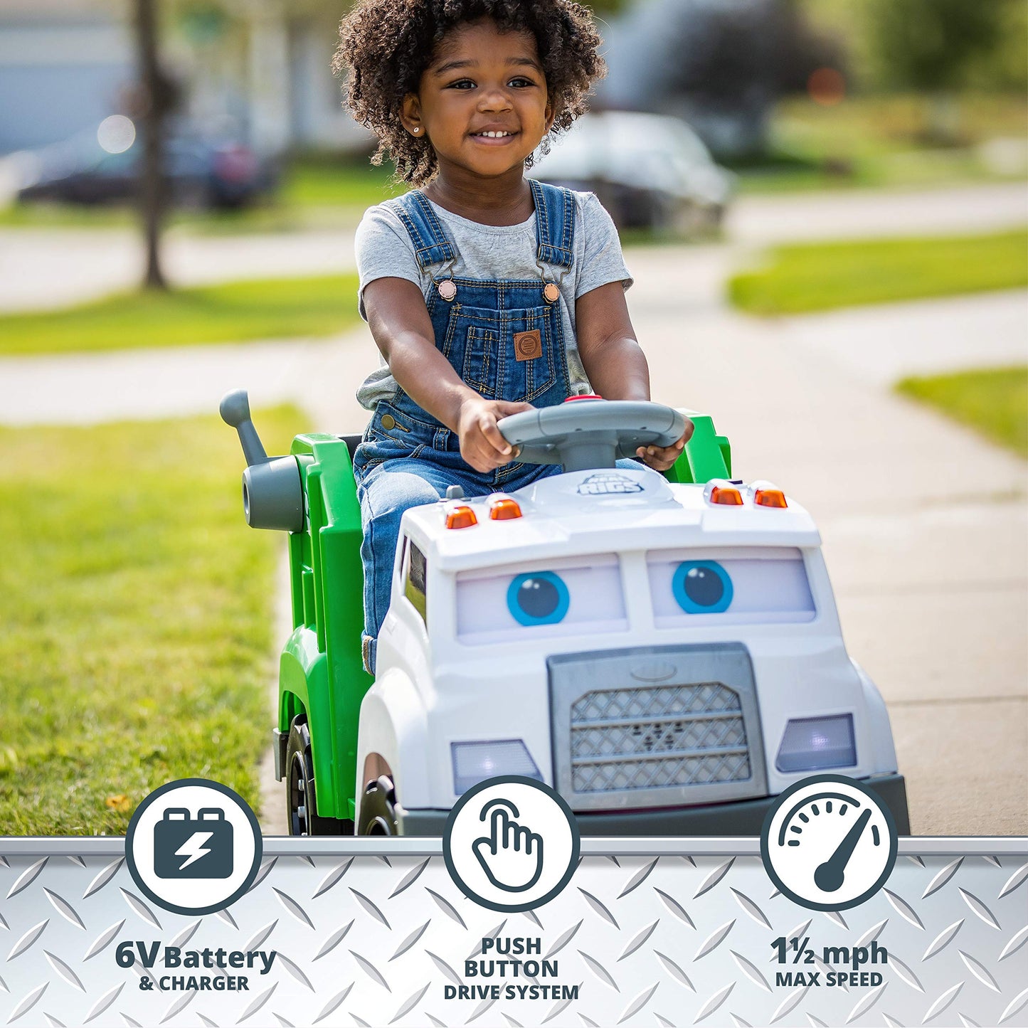 Kid Trax Real Rigs Toddler Recycling Truck Interactive Ride On Toy, Kids Ages 1.5-4 Years, 6 Volt Battery And Charger, Sound Effects, 9 Recycling Accessories Included,Green