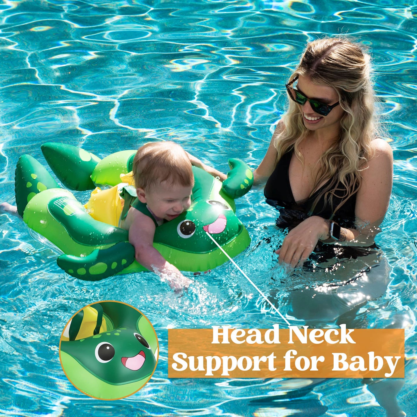 Sloosh Inflatable Baby Pool Float with Sun Canopy, Sea Turtle Design, Large, Green, PVC, Model 40597-L, for Ages 12-36 Months