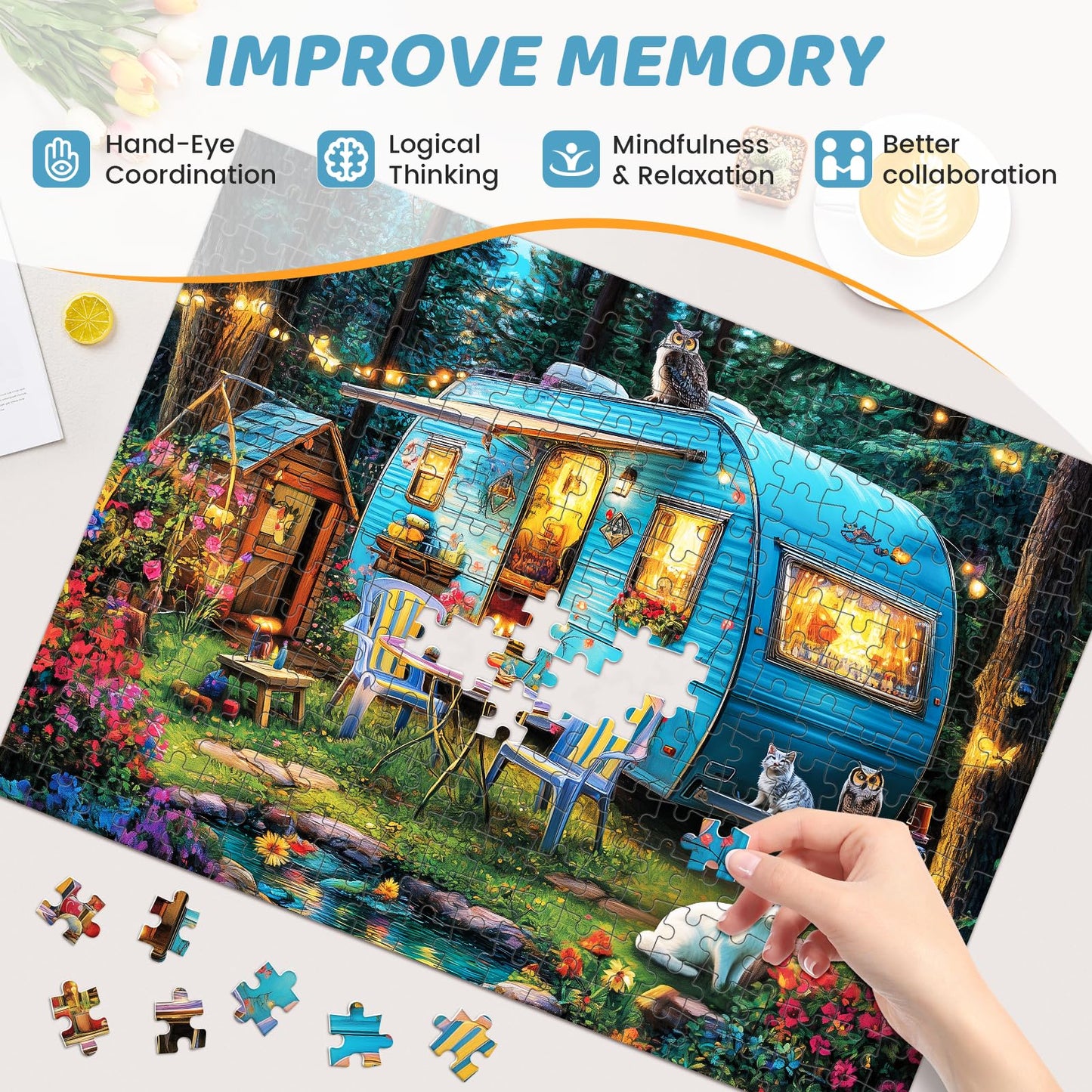 300 Pieces Puzzles for mature-themeds | Camper Cat Jigsaw Puzzles | Large 300 Piece Puzzle for Children mature-themeds Seniors | Sturdy Safe | Engaging & Educational Toys Great Gift for Boys Girls 20.5 x 15 in