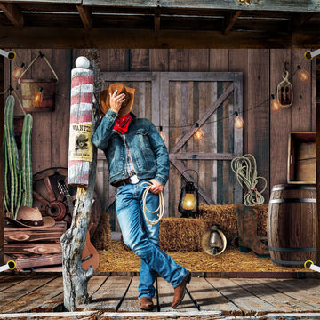 Moukeren Western Party Backdrop Western Cowboy Party Decoration Supply Wild West Decor Wooden House Barn Photo Background For Bi