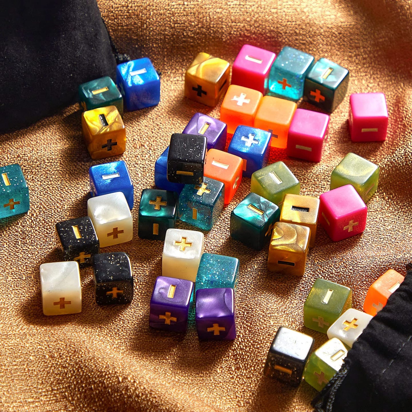 Sumind 40 Pcs Fudge Dice with 2 Black Velvet Bags Plus Minus Dice Multicolored Acrylic Dice Toys with Plus, Minus, and Blank Sid