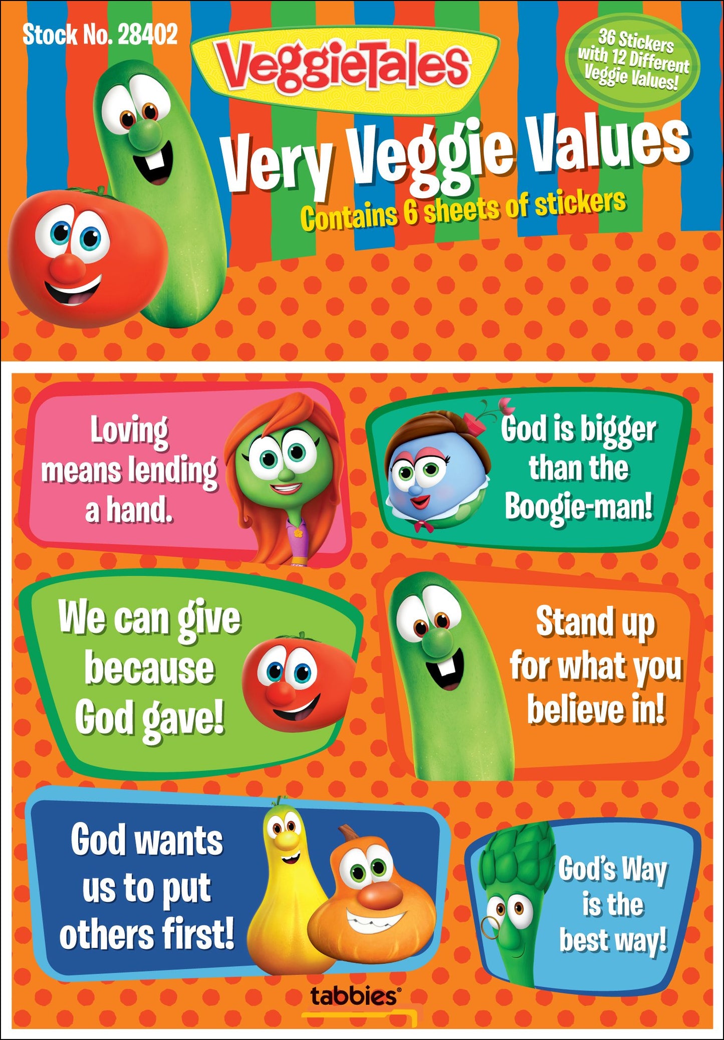 Tabbies VeggieTales Very Veggie Values Stickers Assorted Colors, 6 Per Sheet, 36 Per Pack (28402)