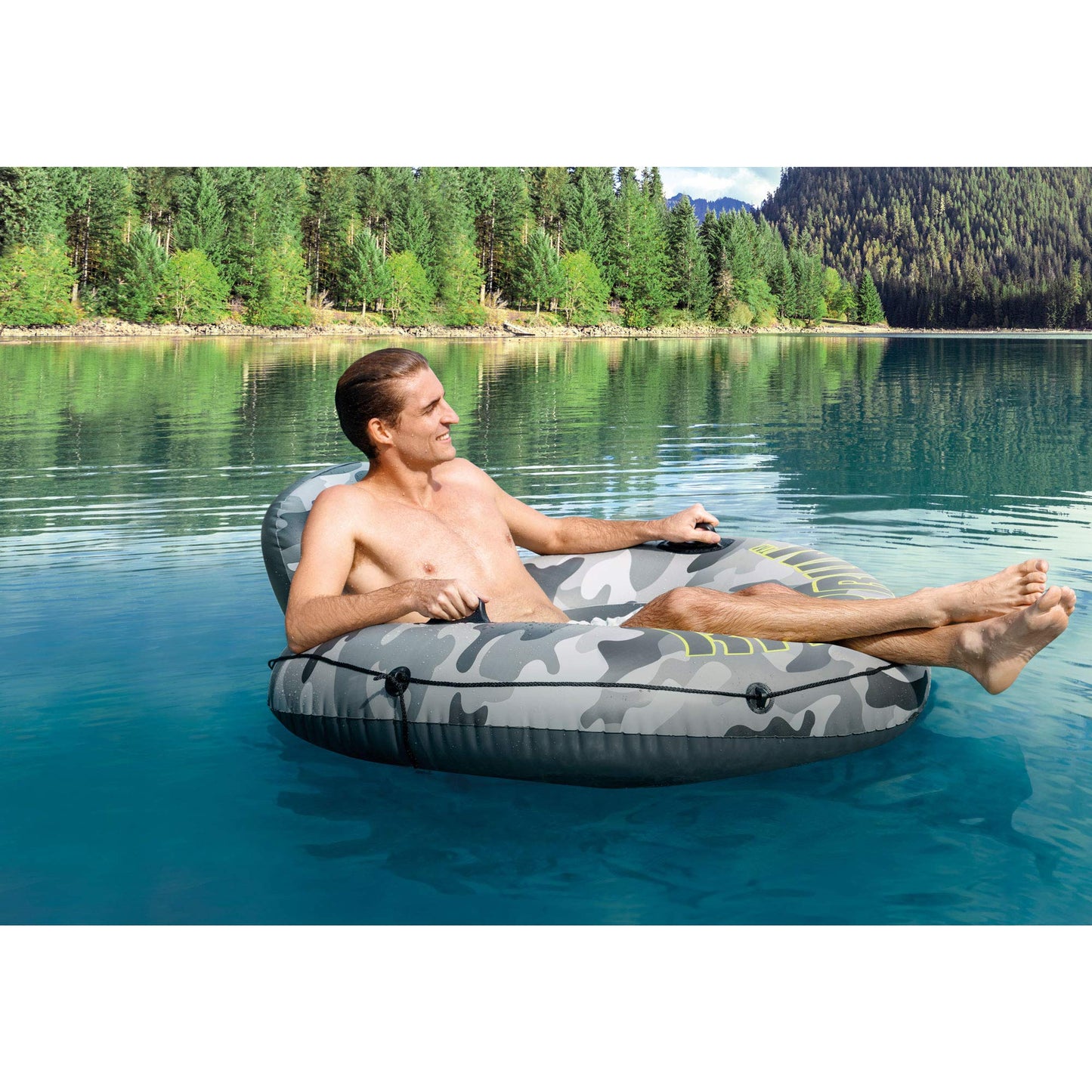 Intex 56835Ep River Run I Camo Inflatable Floating Towable Water Tube Raft With Cup Holders And Handles For River, Lake Or Pools