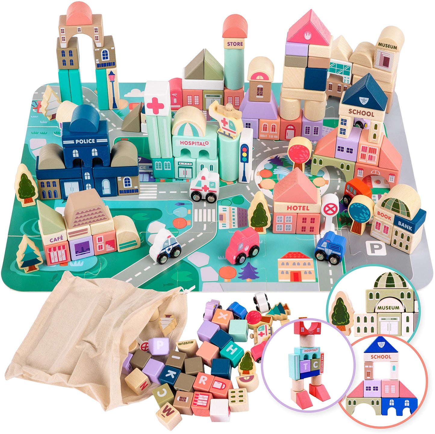 Kinderplay Kp8464 Green Series 115 Elements Building Set For 2 Years | Wooden Blocks For Playing - Wooden Building Block | Road