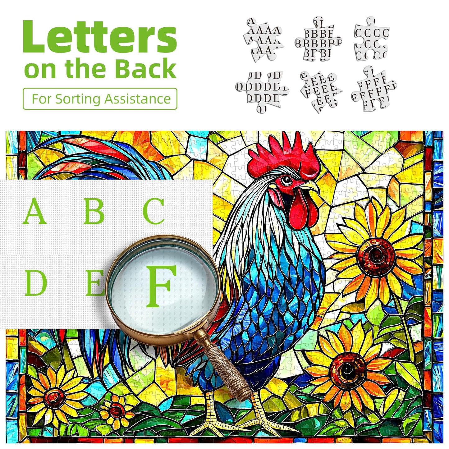 MINIWAN Stained Glass Rooster 1000 Piece Puzzle for Adults - Colorful Mosaic Jigsaw with Letters on Back, Challenging Family Fun