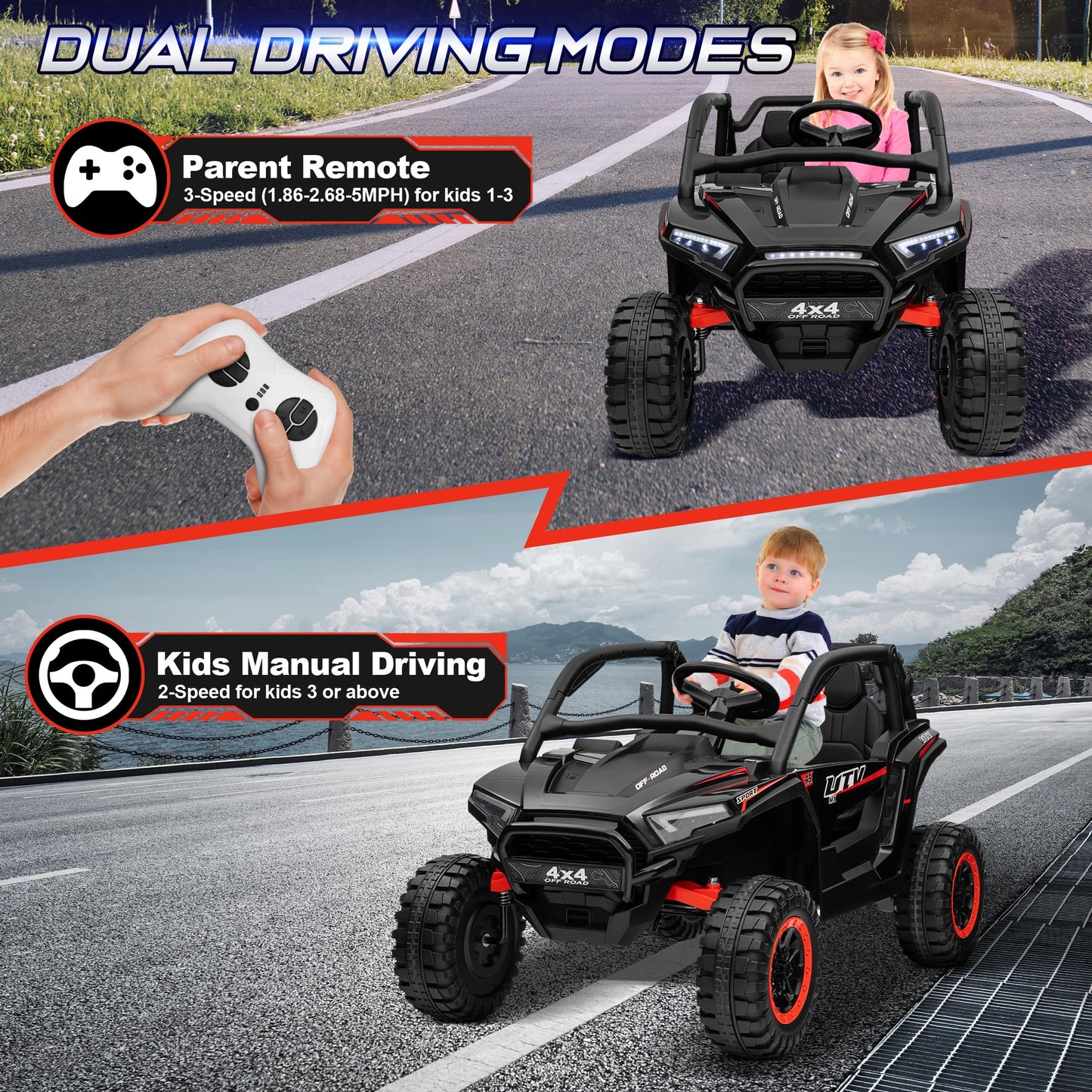 24V 2 Seater Ride on Toys, ANRLI 4X4 Ride on Car Truck w/Remote Control, 4WD/2WD Switchable Kids UTV, 18'' Spacious Seat, 4 Shoc