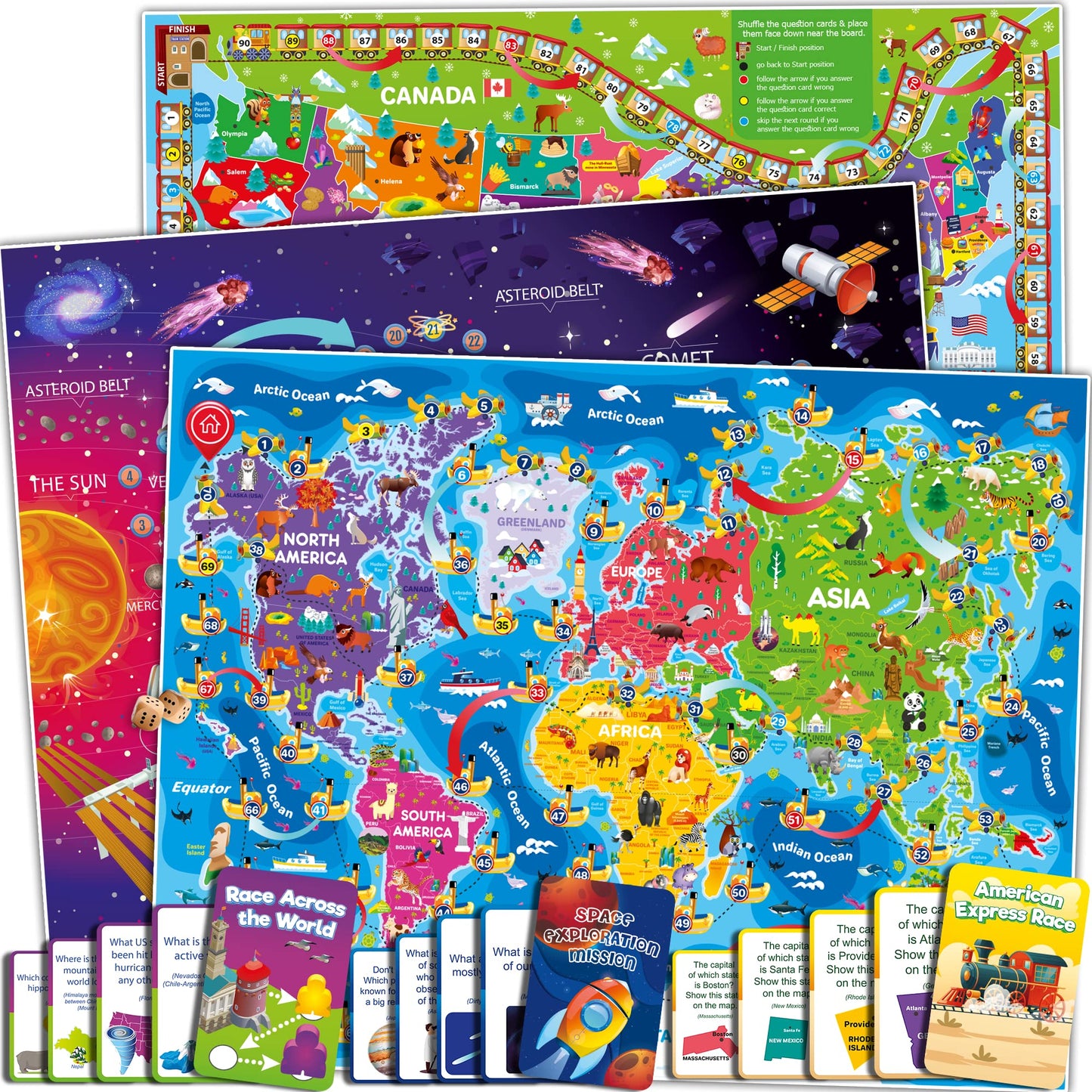 Quokka 3X Set Learning Board Games For Kids 6-8 - Educational Trivia Cards Ages 8-12 | Travel United States | World Map | Explor