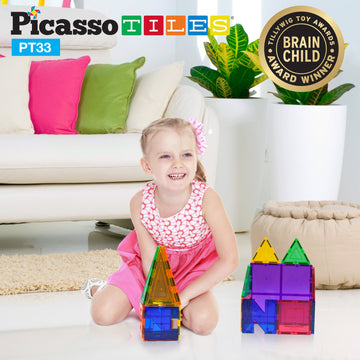 Picassotiles Educational Set Magnetic Building Tiles With Unique Shapes & Clear Box Tile 3D Magnet Construction Block Different