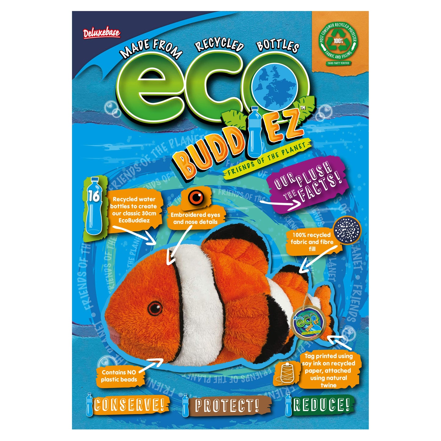 Ecobuddiez - Clown Fish From Deluxebase. 15 Inch Clown Fish Plush Toy. Eco Friendly Child Safe Fish Stuffed Animal Made From Recycled Plastic Bottles.