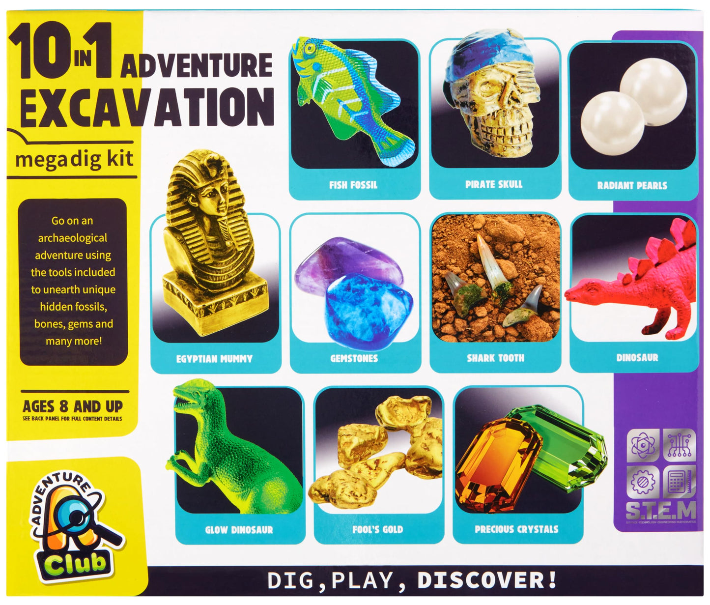 Adventure Club By Anker Play Products, 10 In 1 Treasure Excavation Kit - Kid'S Fossil Treasure Play Set - Children'S Discovery E