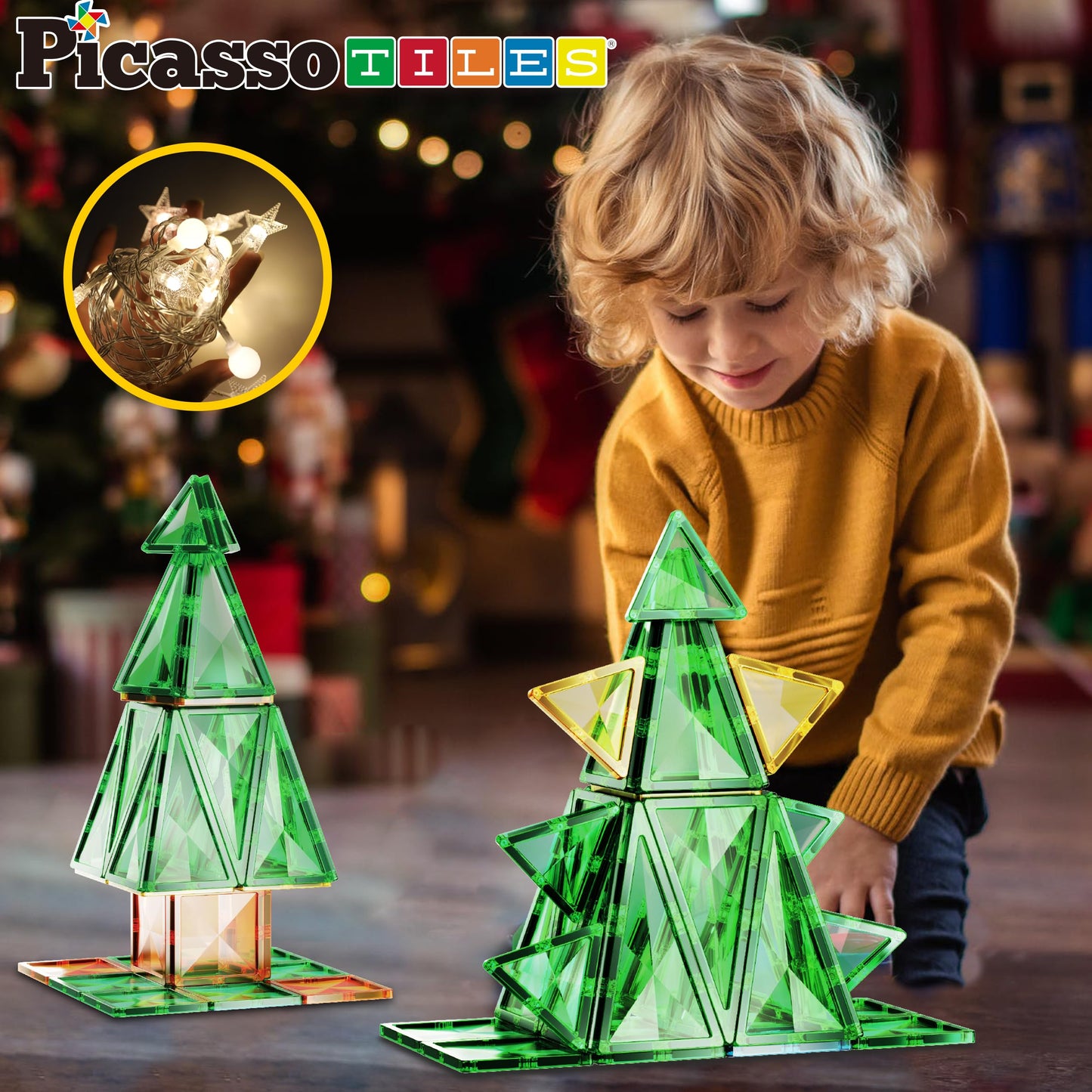 Picassotiles 106 Piece Magnetic Tiles Light Up Led Christmas Tree Holiday Theme Construction Magnet Building Blocks Set Stem Lea