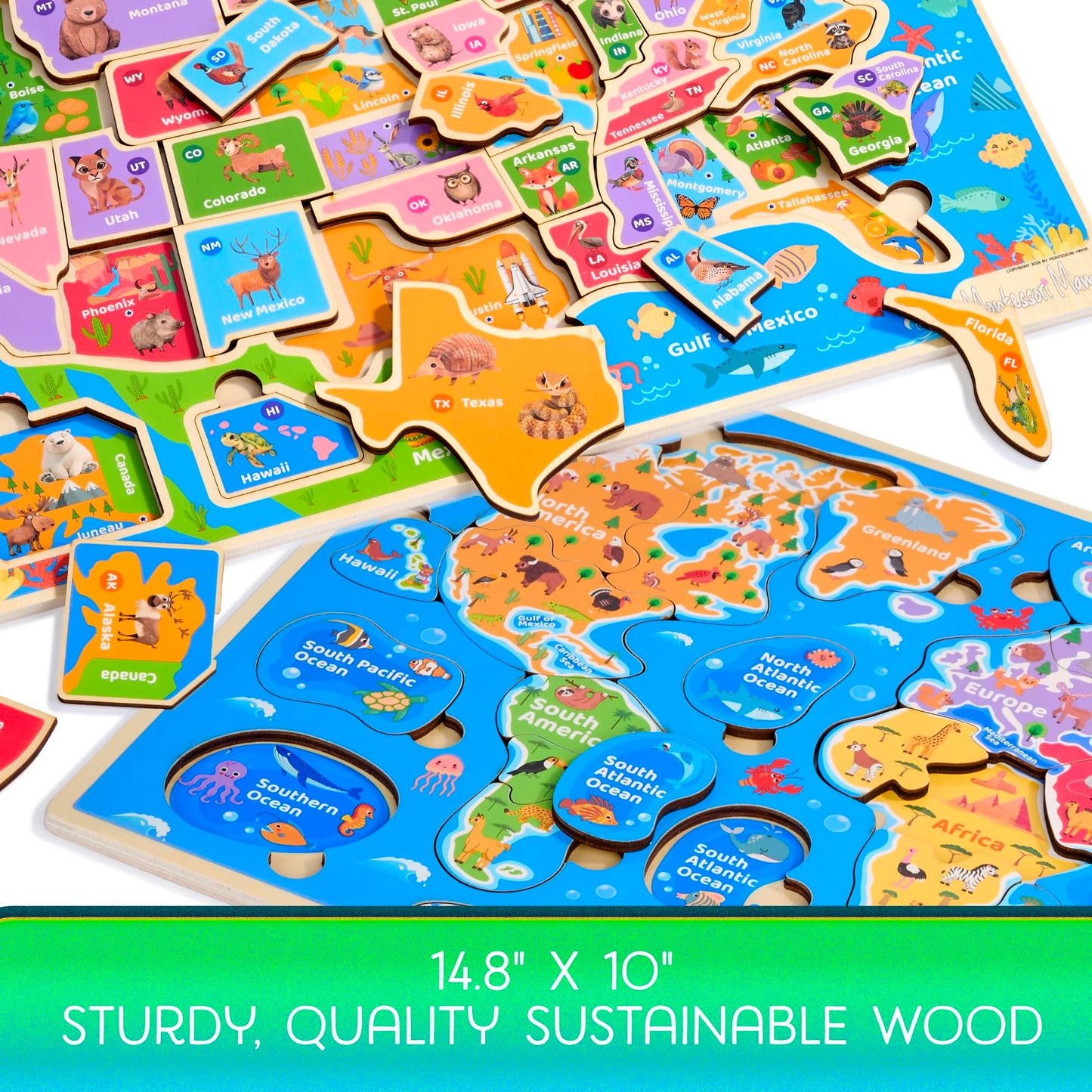 Montessori Mama Wooden Puzzles For Kids Ages 4-6, Usa States And Capitols, World Continents And Oceans Kids Puzzles, Combo Set 2 Toddler Puzzles