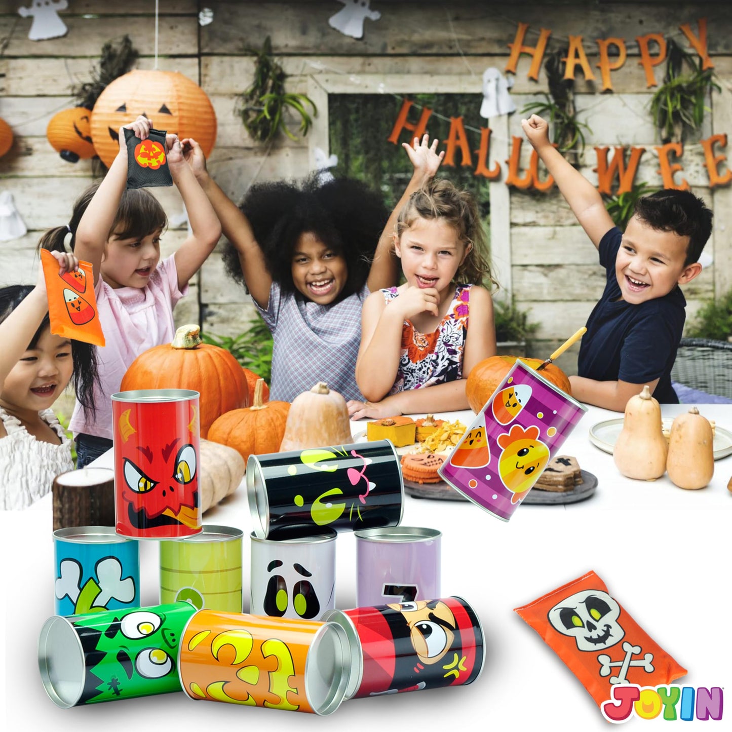 JOYIN 13 Pcs Halloween Carnival Bean Bag Toss Game with Tin Cans and Beanbags for Kids & mature-themeds Indoor Outdoor Carnival Party Games Birthday Party Game Halloween Gathering Party Supplies