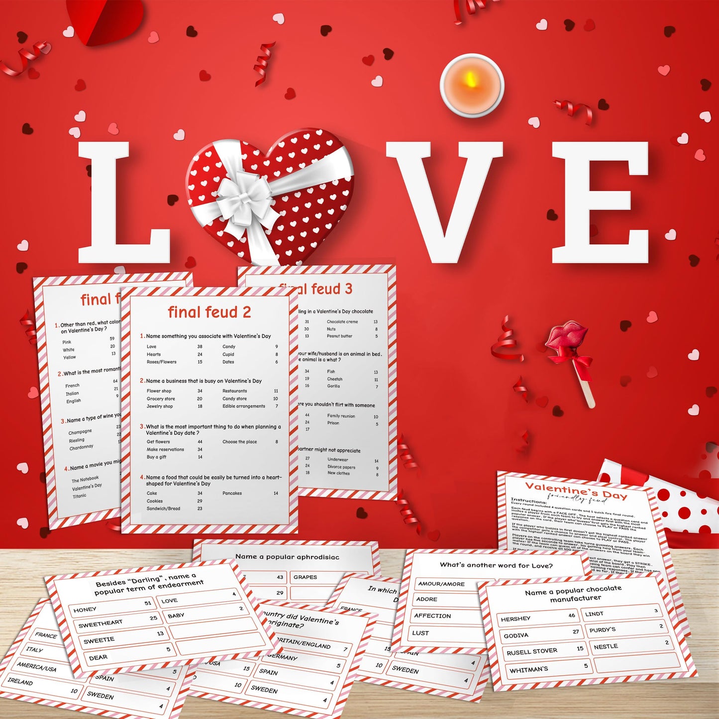 Xenseou Valentine's Day Family Feud Game - Fun Trivia Party Game for Groups - Paper Material - QRJ-FF01