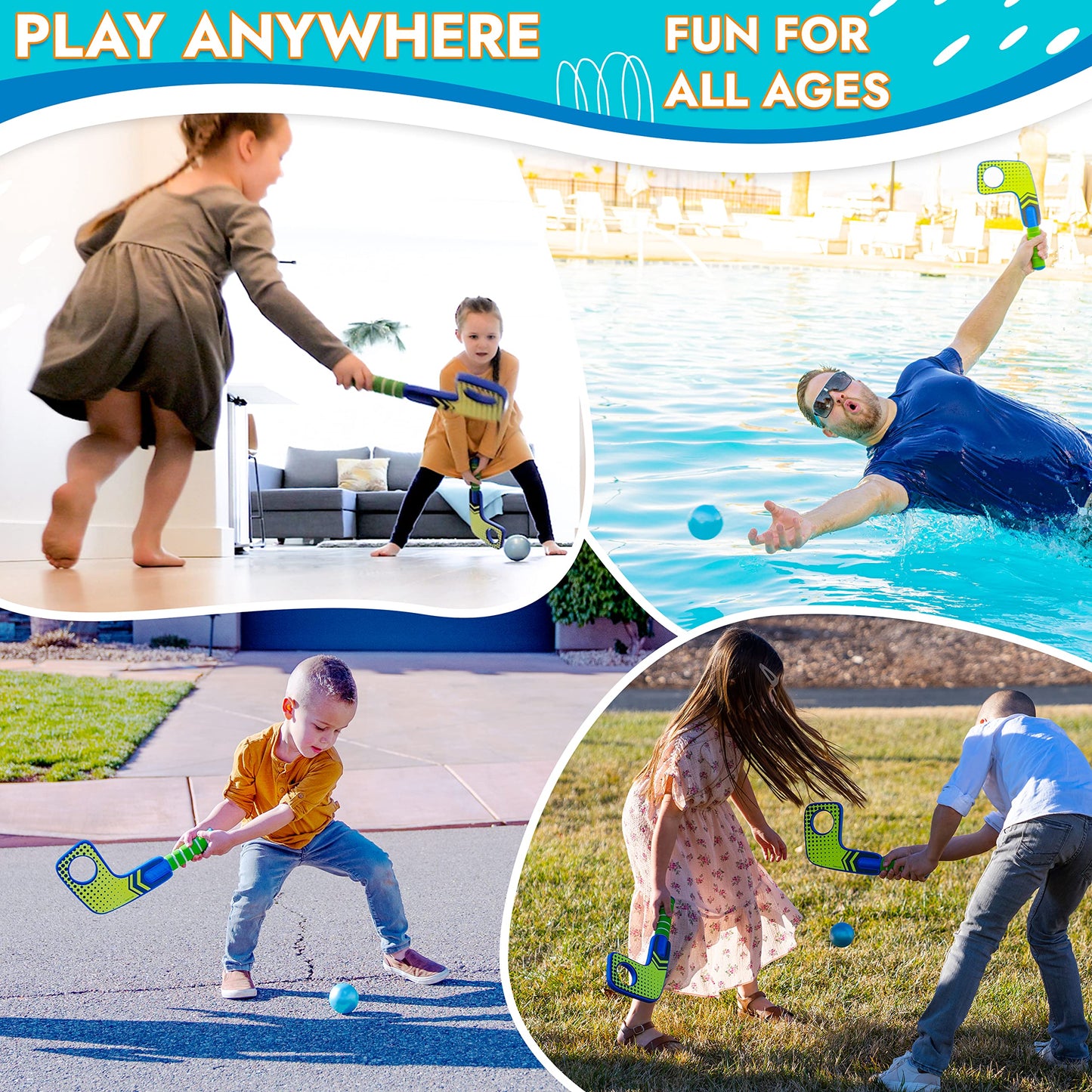 Refresh Sports Knee Hockey Sticks Set For Kids - Hockey Gifts For Boys & Girls All Ages - 2 Mini Sticks & 2 Street Balls For Beach Games