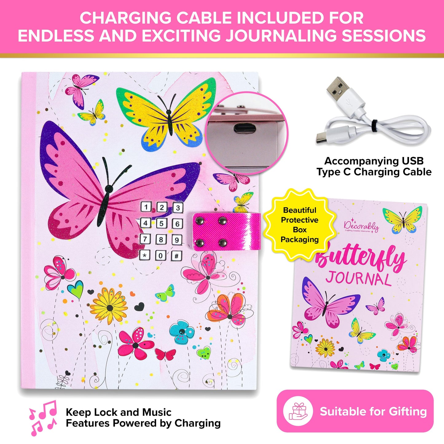 Decorably Glittery A5 Butterfly Diaries For Kids With Lock Code And Music, 80 Sheets Journal For Girls Ages 8-12, Little Girls D