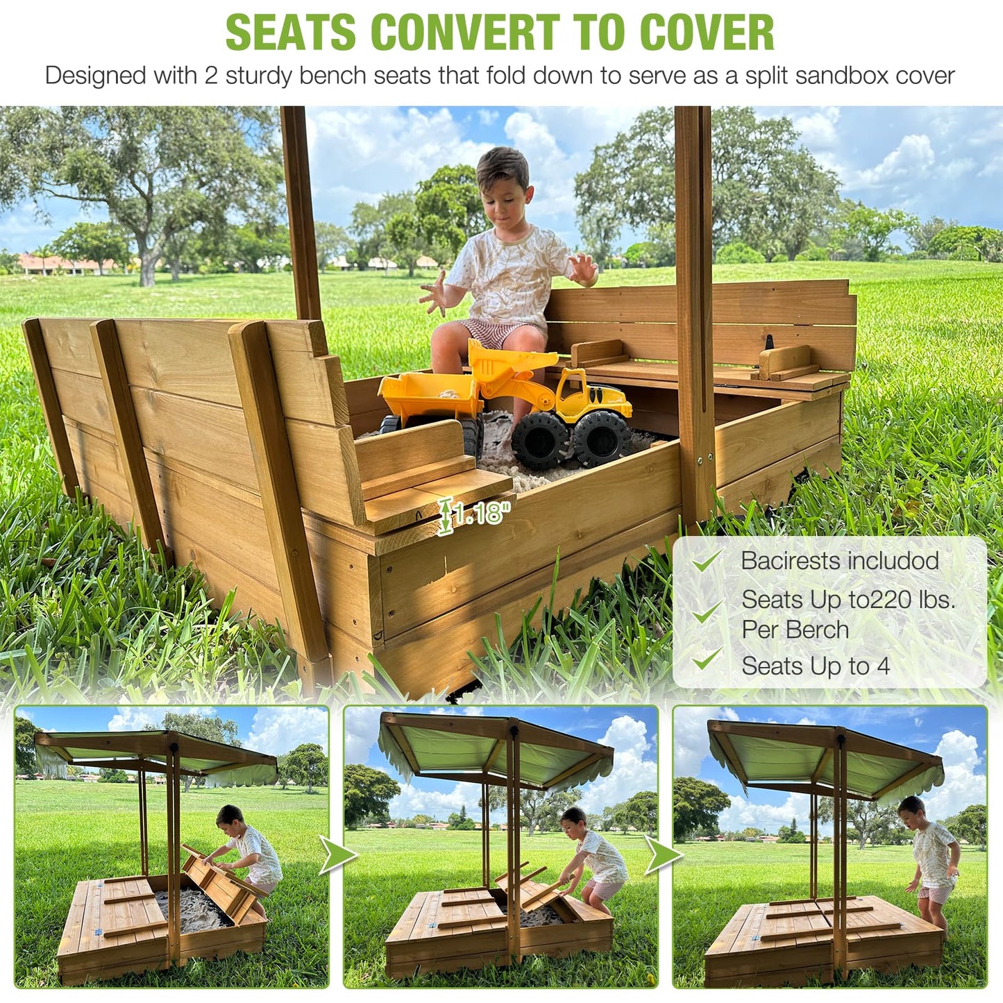 Gutinneen Sandbox With Lid And Cover For Kids Outdoor With 2 Foldable Bench Seats, Adjustable Canopy And Sand Protection Liner,