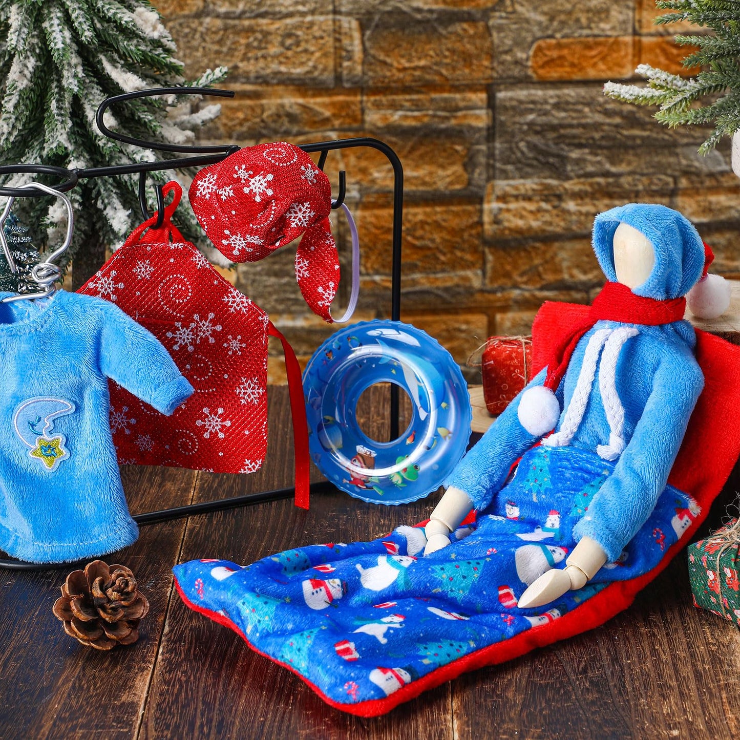 9 Pieces Christmas Elf Doll Accessories Set Include Elf Sleeping Bag Scarf Mask Shirt Hoodie Shoes Apron Chef Hat Swim Ring Fit