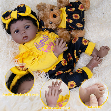 Ekokiz Realistic Baby Doll 22-Inch Real Life Reborn Baby Dolls Soft Cloth Body American African Baby Girl Lifelike Baby Dolls Wi