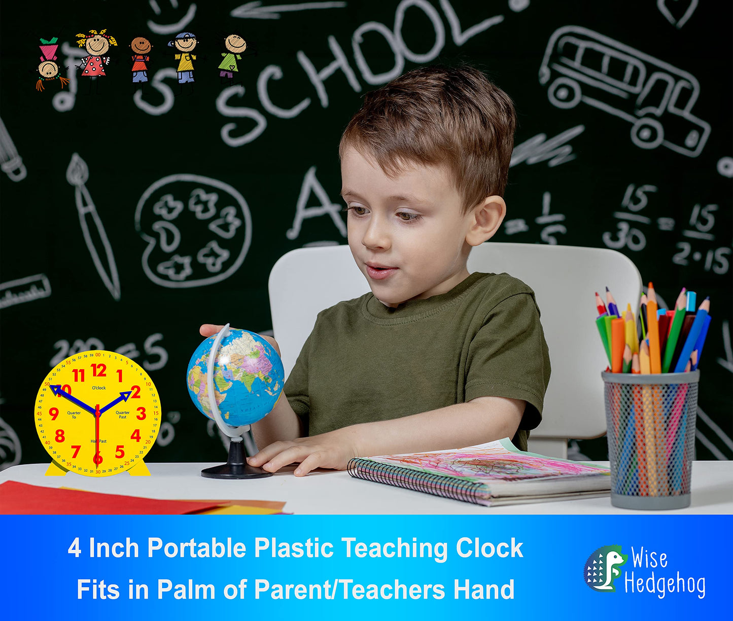 Wise Hedgehog Kids Telling Time Practice Learning Clock, 4 Inch Size Teaching Handheld Analog Clock, Geared Movement Makes Finge