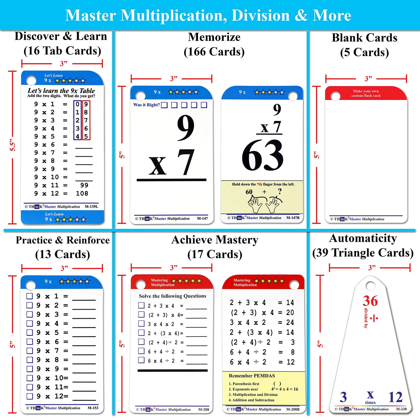 Think2Master Premium 260 Laminated Multiplication & Triangle Division Flash Cards. (All 0-12 X Facts)| Bonus: 2 Dry Erase Markers & 5 Rings. | Designed By A Teacher
