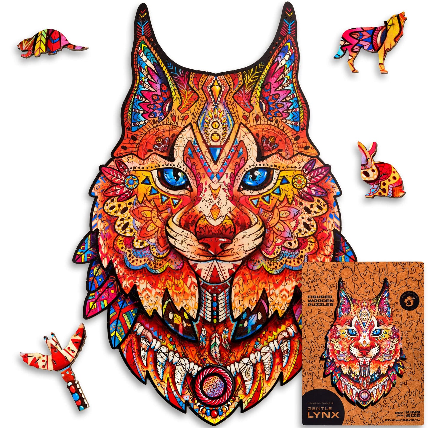 Unidragon Original Wooden Jigsaw Puzzles - Gentle Lynx, 297 Pcs, King Size 10.6'X16.1', Beautiful Gift Package, Unique Shape Best Gift For Adults And Kids