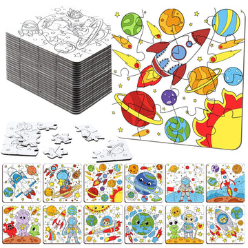 Realspring 24 Pack Outer Space Color Your Own Jigsaw Puzzles for Kids 3-5, 4-6, 6-8, Coloring Crafts DIY Paper Puzzles Party Fav