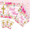 Bkeecten 3 Packs Pink Baby Girl Baptism Party Tablecloths Decorations Flower Theme Disposable Plastic Waterproof Rectangle God B