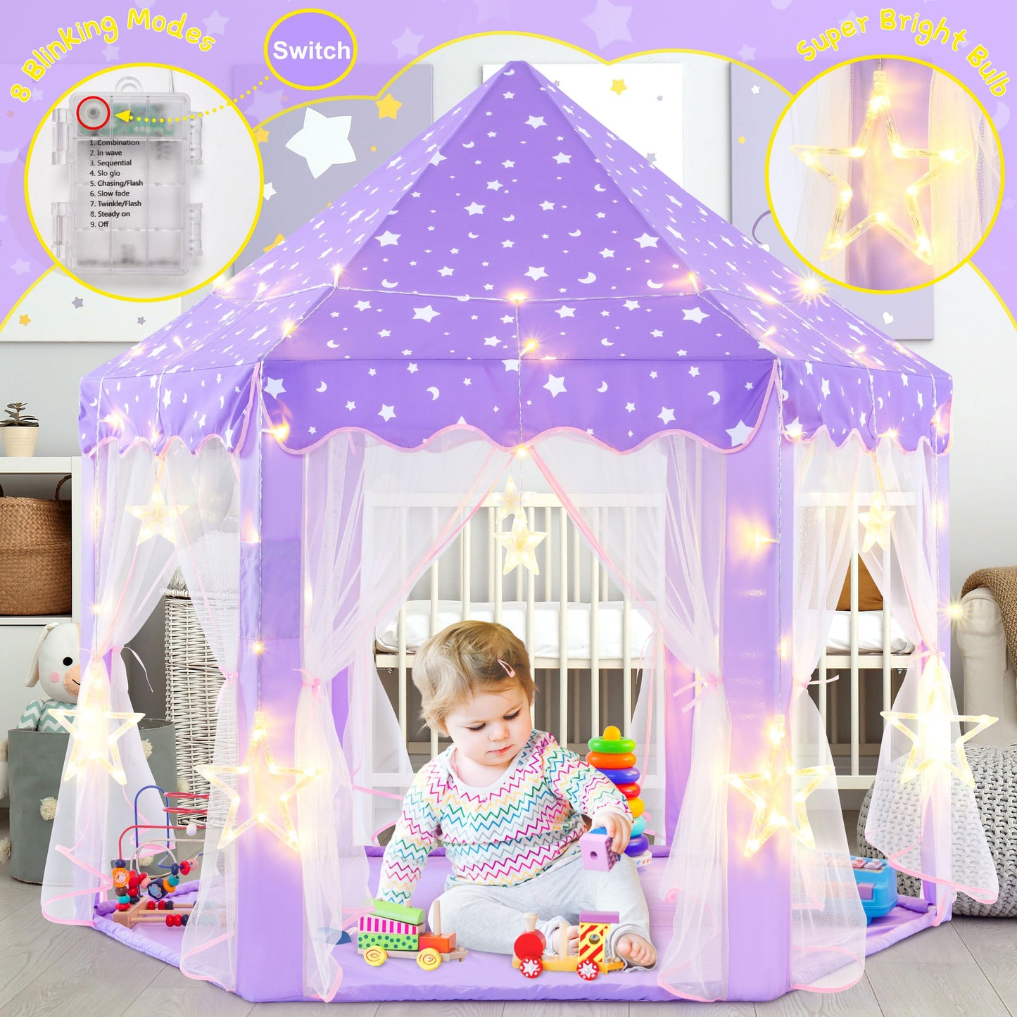 Evoionos Purple Princess Tent For Girls, Kids Play Tent With Large Star Lights, Castle Playhouse For Children Indoor Outdoor Gam