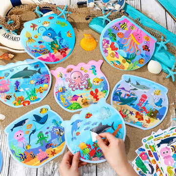 Frienda 48 Set Summer Craft Kit Fishbowl Under The Sea Sticker Crafts Bulk DIY Ocean Sea Animals Scene Stickers Shark Clown Fish