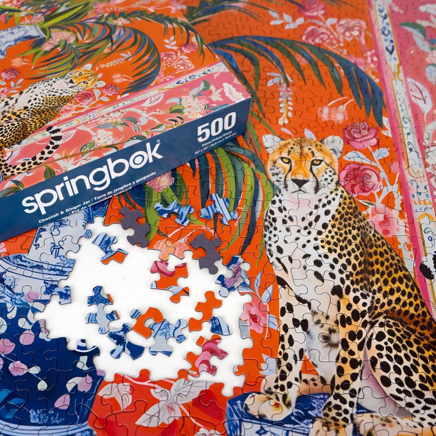 Springbok 500 Piece Jigsaw Puzzle - Cheetah and Ginger Jar, Cardboard, 20"x20", Model 33-02559, Unique Cut Pieces, Made in USA